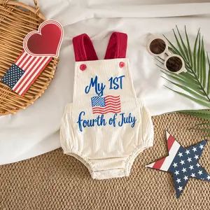 Baby Boy Girl 4th of July Outfit Sleeveless Corduroy Overalls USA Flag Embroidery Romper Independence Day Clothes