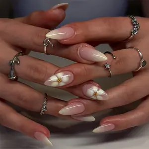 Almond Press-on Nails | Ombre & Floral Design | Minimalist Style