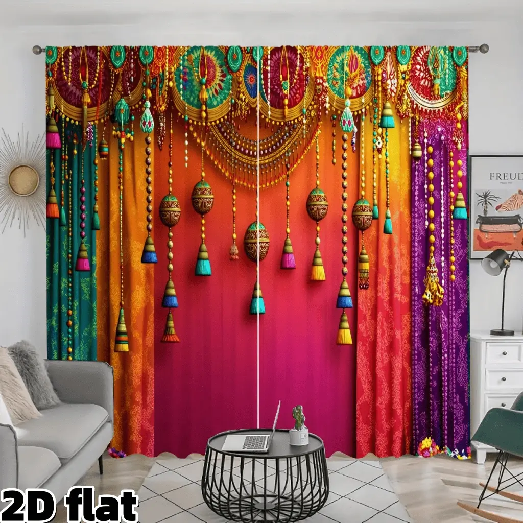 2D 2Pcs Bohemian Tassel Lantern Printed Curtains, Home Decorative Curtain, Window Drapes, Colorful Mandala Pattern, Semi Sheer Rod Pocket Design, Modern Boho Style for Home Window Decor, Home Privacy Protection, Home Decoration Curtain