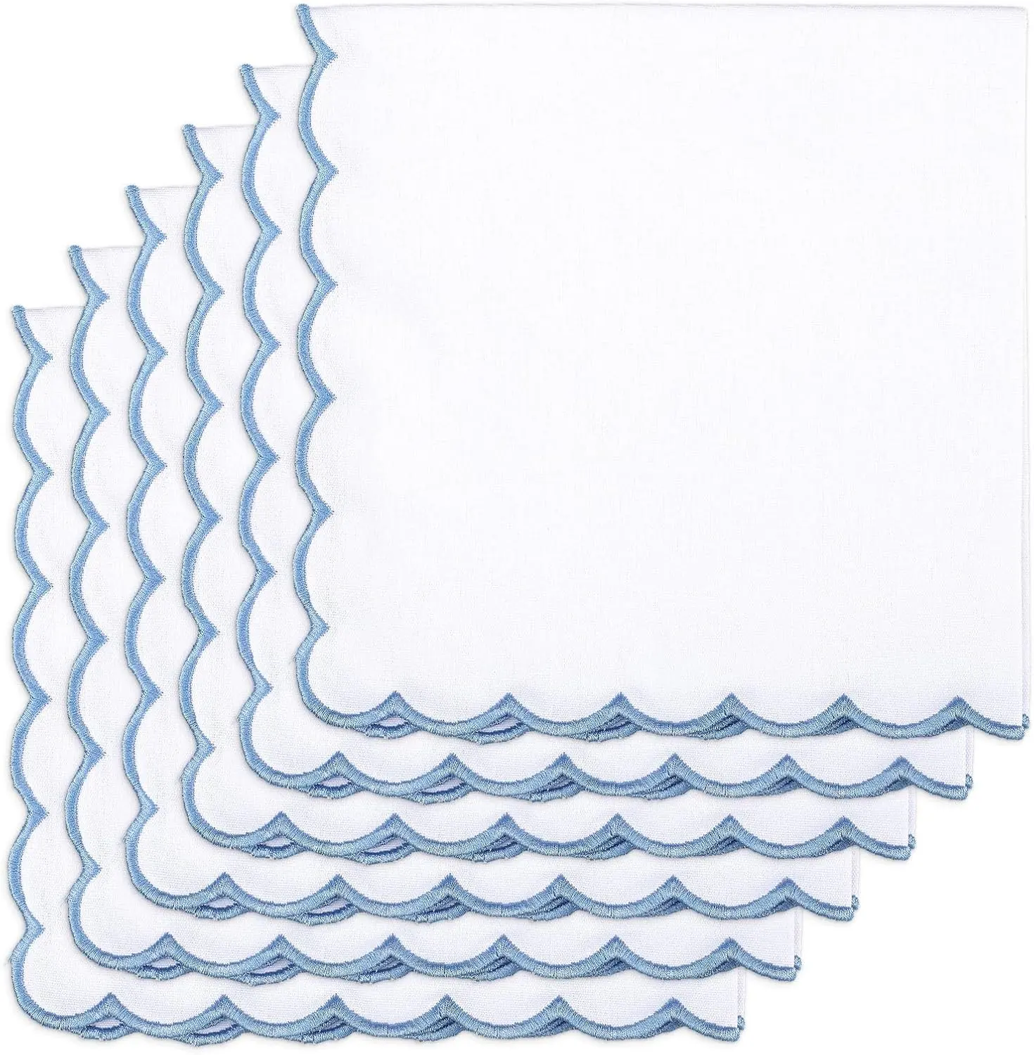 6-Pack Pure Cotton 18x18in Scalloped Embroidery Blue and White Square Dining Napkins - Sustainable, Durable, Easy-Maintenance Home & Festive Party Supplies for Spring-Wedding, Birthday Gifting Table Decor, Default