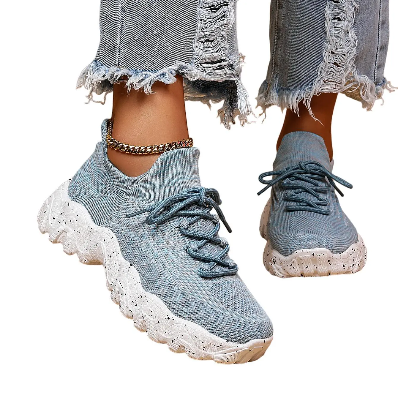 Women's Active Casual Trainers, Stretch Knit Platform Lace-Up Sneakers for Walking, Lightweight Breathable with Non-Slip Sole, Anti-Slip Sole Casual Trainers, Breathable Vented Casual Trainers