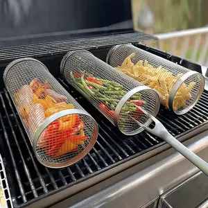 3pcs Stainless Steel Round Barbecue Basket, Portable BBQ Grill Set, Multipurpose Outdoor Fire Pit Cooking Rack, Camping Grill Accessory