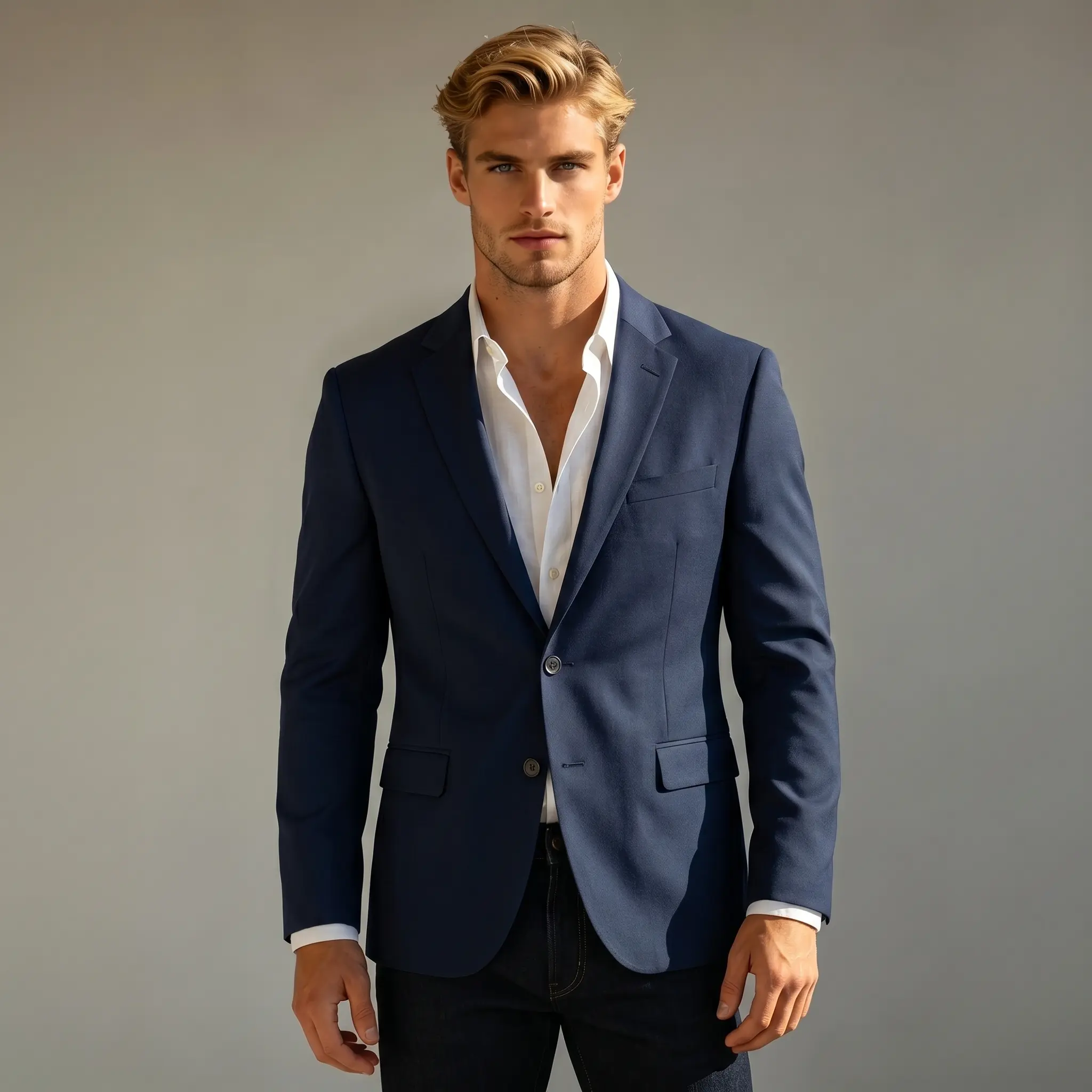 Men's Navy Notched Collar Blazer Jacket - Formal Menswear Suit Piece, Elegant Sleek Quiet Luxury, Long Sleeve Button Design, Elevates Wardrobe for Every Occasion