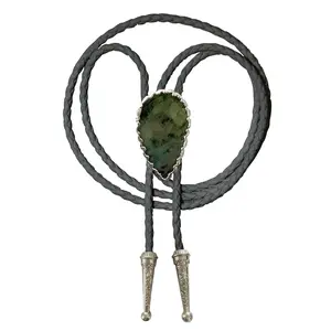 Daisy Del Sol Women’s and Men’s Bolo Tie Gemstone Braided Vegan Faux Leather Silver Handmade Adjustable Western Wedding Groomsman Jewelry Necktie Necklace  - Emerald (Silver)