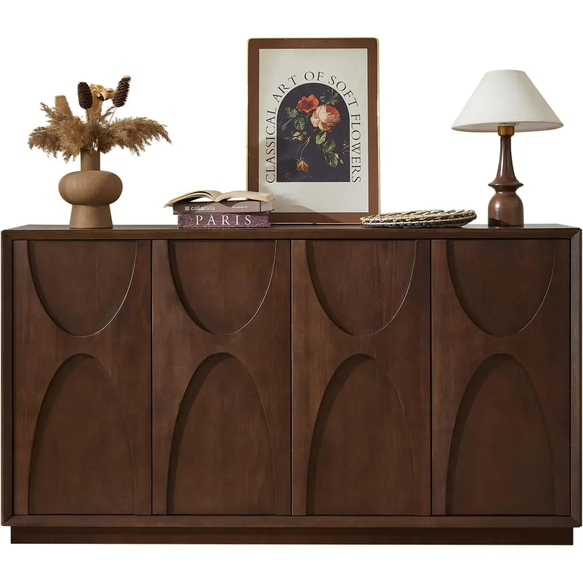 59.69*15.75*32.28 Inch 4-Door Accent Storage Cabinet MDF Ash Veneer Carved Solid Wood Panel Handleless Push Open Soft Close Hinge Adjustable Shelves Cable Hole Enclosed Base for Living Room Entryway, Wood Cabinets, Adjustable Shelves Cabinets