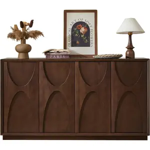 59.69*15.75*32.28 Inch 4-Door Accent Storage Cabinet MDF Ash Veneer Carved Solid Wood Panel Handleless Push Open Soft Close Hinge Adjustable Shelves Cable Hole Enclosed Base for Living Room Entryway