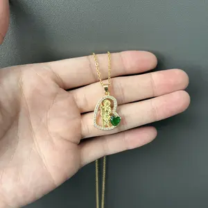 18k Gold Saint Jude Prayer Necklace with Green Zirconia Pendant, Copper Jewelry for Faith and Vocation Lovers