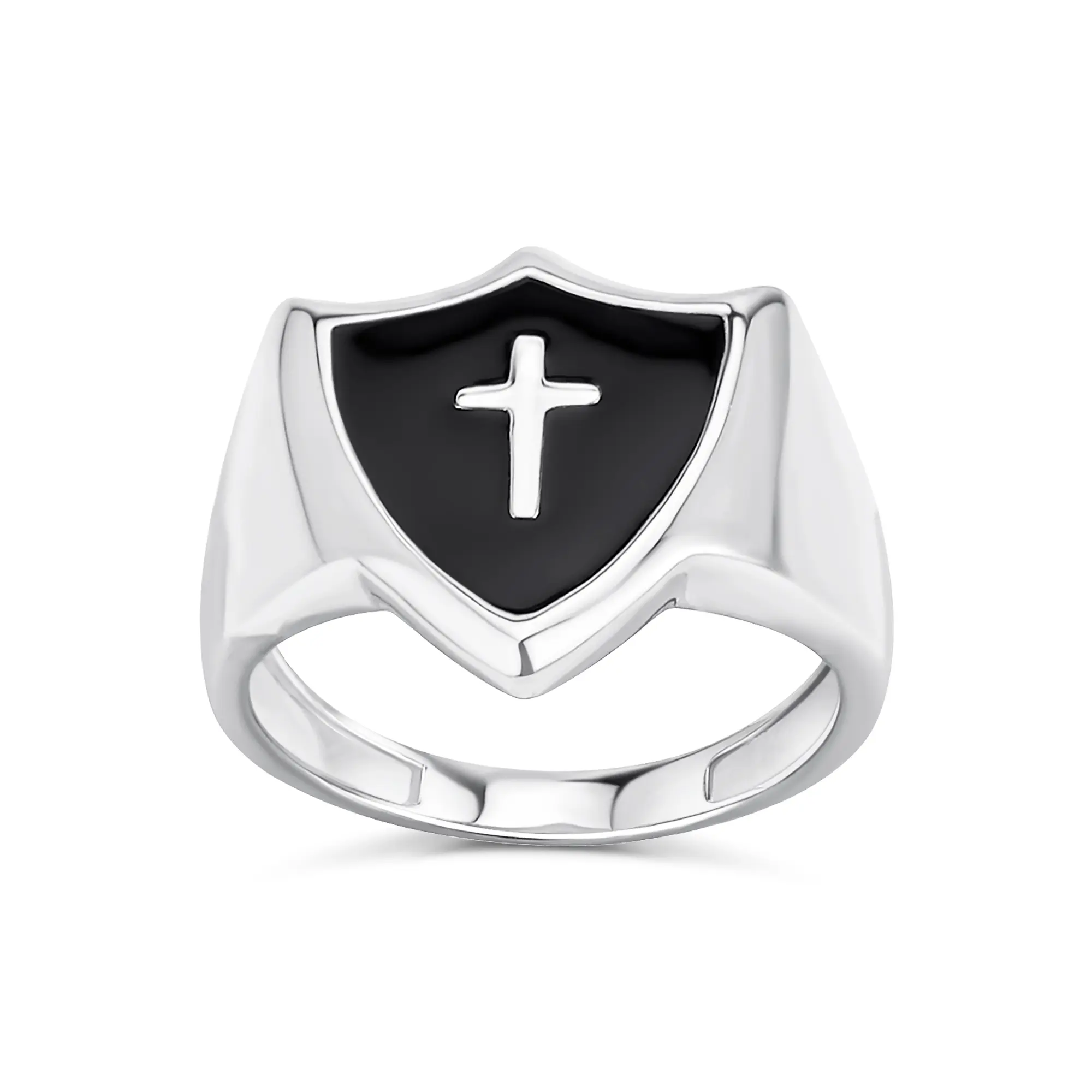 Black Natural Onyx Inlay Religious Shield Cross Signet Ring Sterling Silver