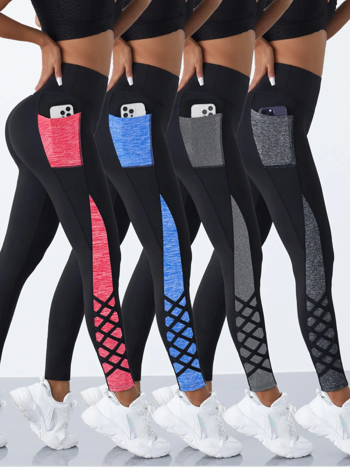 4PCS Crossover Straps Color Block Pocket Outdoor Sports Pants Stretchy High Waist Yoga Training Pants，Women's  Sports trousers，Suitable for All-Seasons Wear, High Waisted Side Pocket Leggings High Waist Activewear High Waist Sportswear