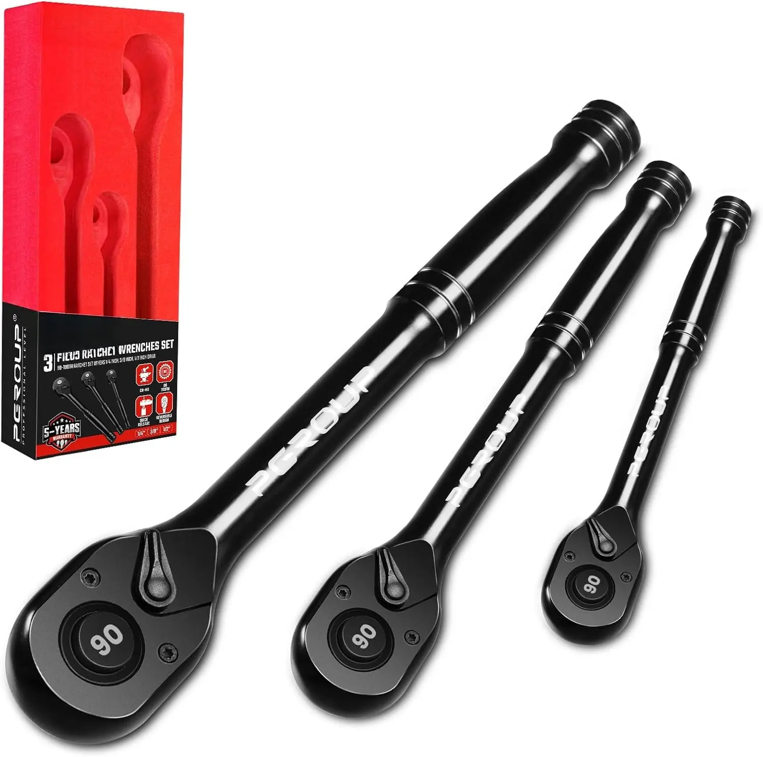 3- 90  Ratchet Wrench Set, 1/4, 3/8, 1/2 Drive Reversible Ratchets, 4- Swing,  Handle, Chrome Alloy Made, Quick Release Ratchet Wrenches for Repairing, Home, DIY