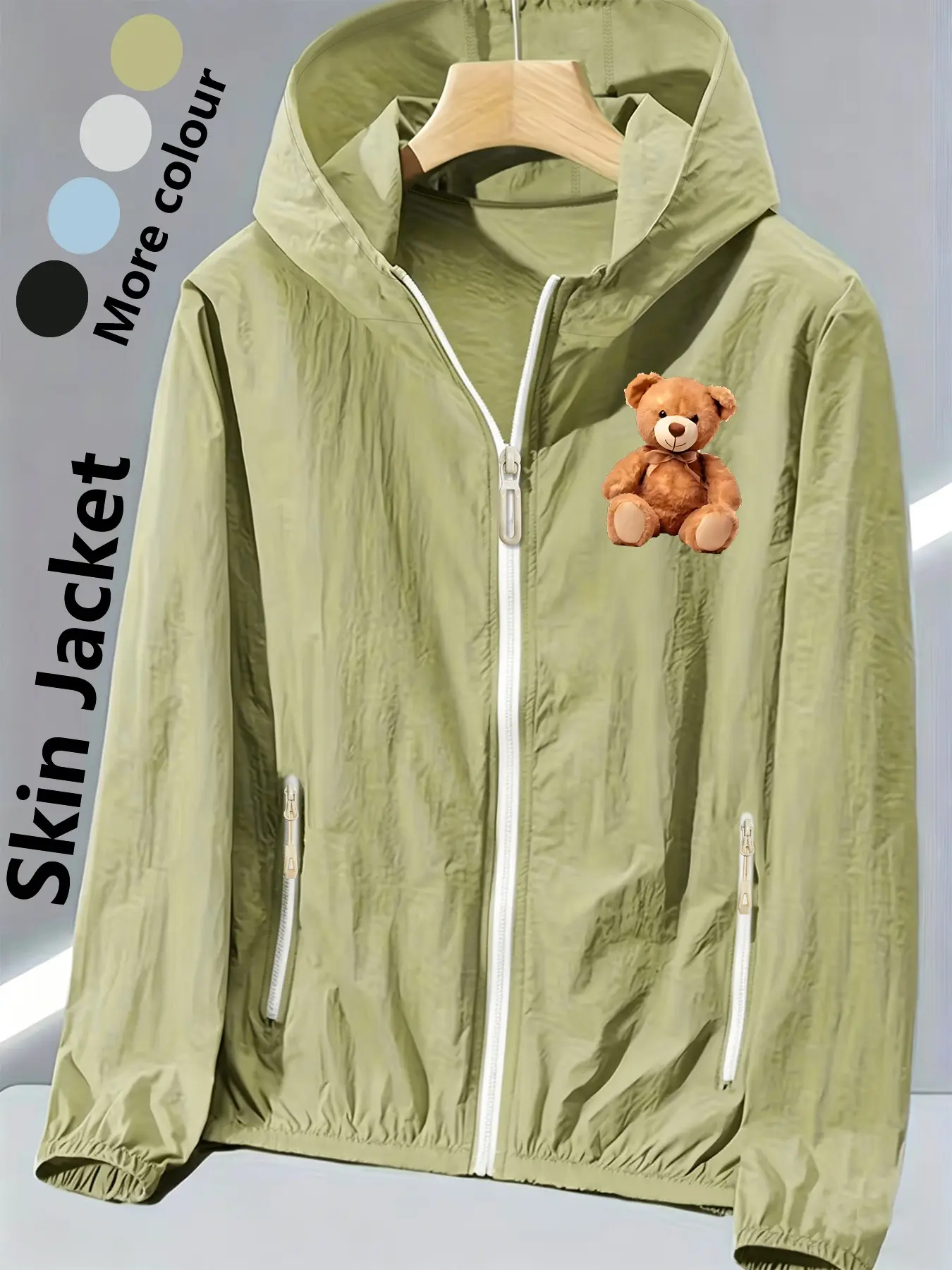 Women's Hooded Skin Jacket With Cute Bear Print All Season Lightweight Breathable Windbreaker Loose Slim Fit Comfortable Skin Friendly Youthful Casual Vibe Multiple Colors Ultra Light Portable Versatile Daily Wear Commuting Travel Outdoor