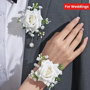 2 PCs Elegant Rose Flower Garland and Wrist Flower Sets, Suitable for School Events, Parties, Wedding Decorations