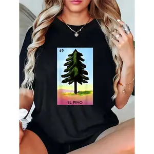 Women's Loteria El Pino 49 Pine Tree Graphic T-Shirt, Mexican Folk Art Casual Tee, Ideal for Cinco de Mayo, Festivals, Parties & Daily Wear, Comfortable Black Cotton Top for Women Teens 100% Cotton T-shirt