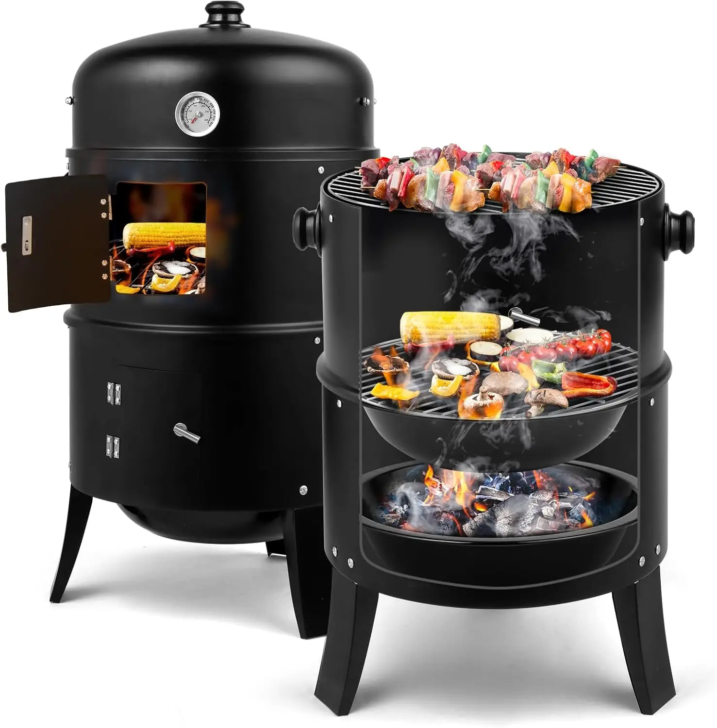 VINGLI 18 Inch Multi-Layer Charcoal BBQ Smoker Grill, Heavy Duty Round Charcoal BBQ Grill for Outdoor Vertical Steel Charcoal Smoking Grill with Therm