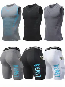 Men's 6-Piece Compression Sports Set—Quick-Dry, Breathable Crew-Neck Top and Training Shorts with Side Pockets—Ideal for Training, Running, and Gym Workouts