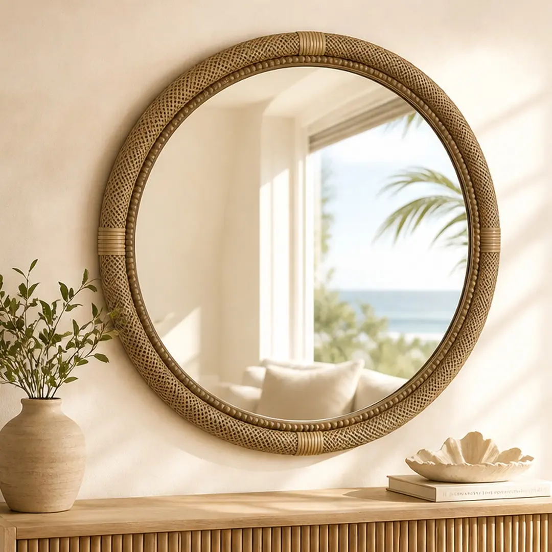 ARCH 32 Inch Woven Rattan Round Wall Mirror with Wrapped Accents, Brown MDF and Glass Decorative Mirror for Living Room, Bedroom, Entryway, Coastal Boho Home Decor, 31.9x1.5x31.9 Inches, Brown Color Options, MDF+glass Material, Color: Brown