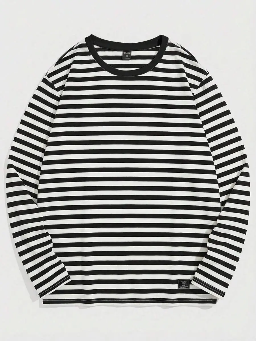 Casual White And Black Striped Drop Shoulder Long Sleeve T-Shirt For Men Knitted Fabric Round Neck Men Striped T Shirt Striped Shirts Striped Long Sleeve Men's Long Sleeve