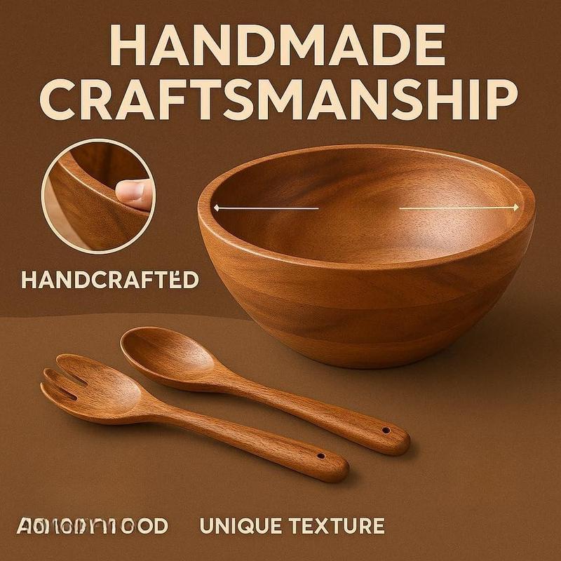 Large Acacia Wood Mixing Bowl with 2 Serving Spoons - 12.5" | Handcrafted Rustic Ceaser Salad Serving Bowl Set, Fruit Bowl, Eco-Friendly & Durable Wooden Utensils for Kitchen Use Aesthetic Tableware