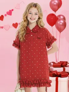Girls Red Floral Dress Peter Pan Collar Dress Lace Trim Ruffled Hem Polka Dots Casual Dress for Kid 6-16Y