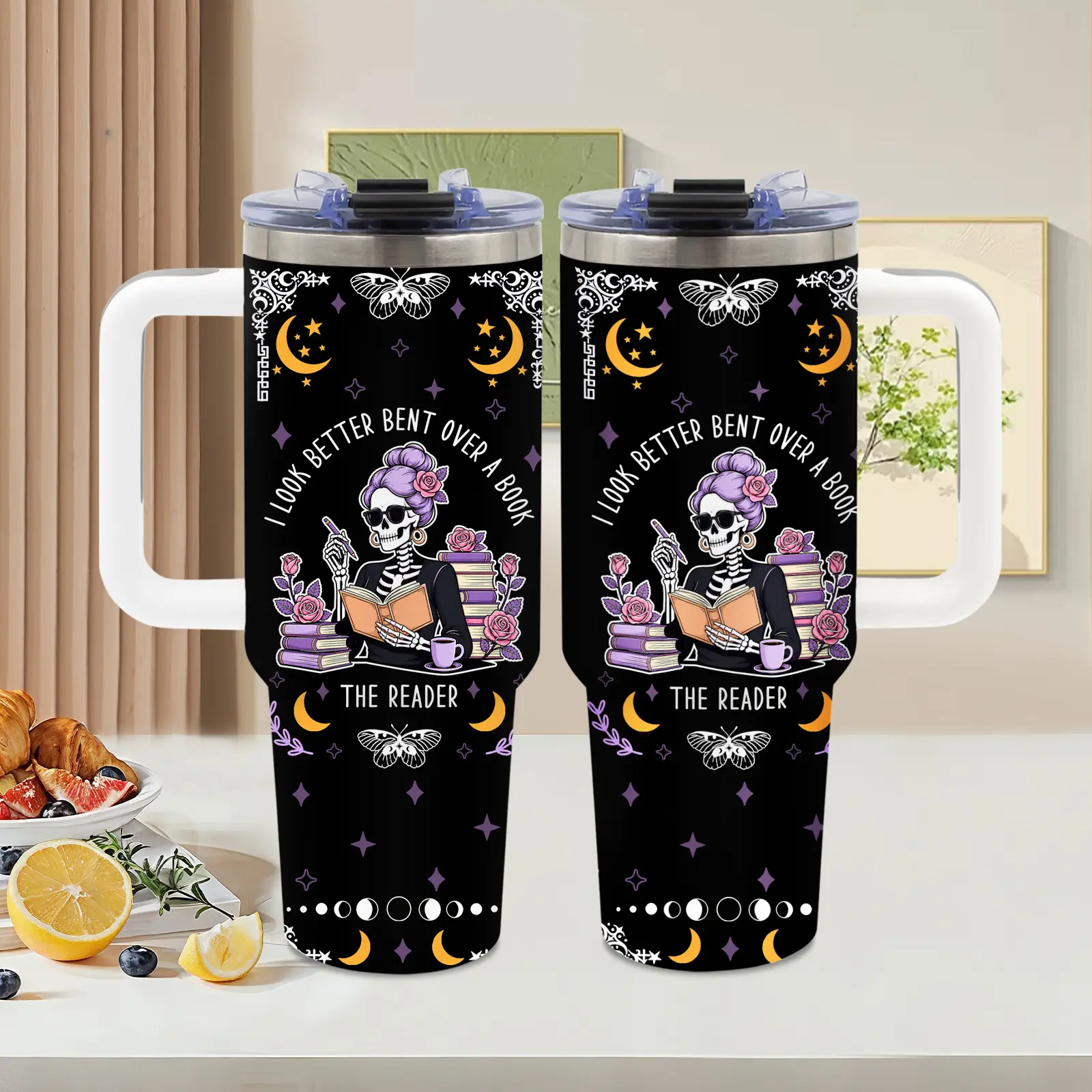 40oz Stainless Steel Reusable Vacuum Insulated Tumbler Mug - Gothic Purple Rose, Skeleton Reader Design, Portable with Handle & Spill-Proof Lid, Book Lovers' Gift for Women, Kitchenware Drinkware for Office, Beach Use, Mother's Day Gift, Double Wall
