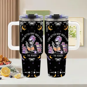 Skeleton Reader, 40oz tumbler with handle, Summer Ice Stainless Steel Vacuum Insulated Travel Mug, Gothic Purple Rose design, Book Lover Gift, for office and home, Halloween, Water Bottle, Tumbler Gift for Women and Men