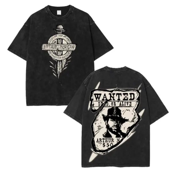 Men's Arthur Morgan Graphic Shortsleeve T-Shirt Featuring High Contrast Art, Relaxed Streetwear Drop Shoulder Fit and Faded Acid Wash, Tops, Cowboy, Cotton, Crew Neck, Distressed Edges, Relaxed Cut, Fabric, Menswear, Retro, Tshirt, Vintage, Graphic Print