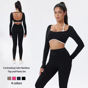 Workout Sets for Women 2 Piece Outfits Seamless High Waist Leggings Yoga Long Sleeve Crop Tops Athletic Gym Sets elegante  sport halter bra for gym workout sets for women
