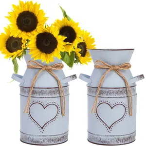 2 Metal Milk Can Jug  7.5" Rustic Flowers Vases Vintage Galvanized Farmhouse Bucket Shabby Chic Decor For Dried Floral Arrangements Home Christmas Wedding Table Centerpiece