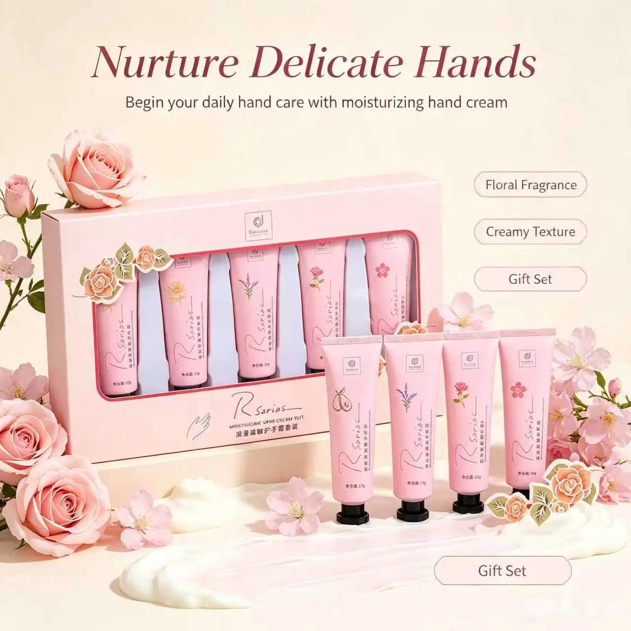 【Rsarias】loral Hand Cream Set – Moisturizing for Dry Hands, Random Floral Scent, Daily Nourishment, Compact Travel Size, Helps Soothe Cracked Skin