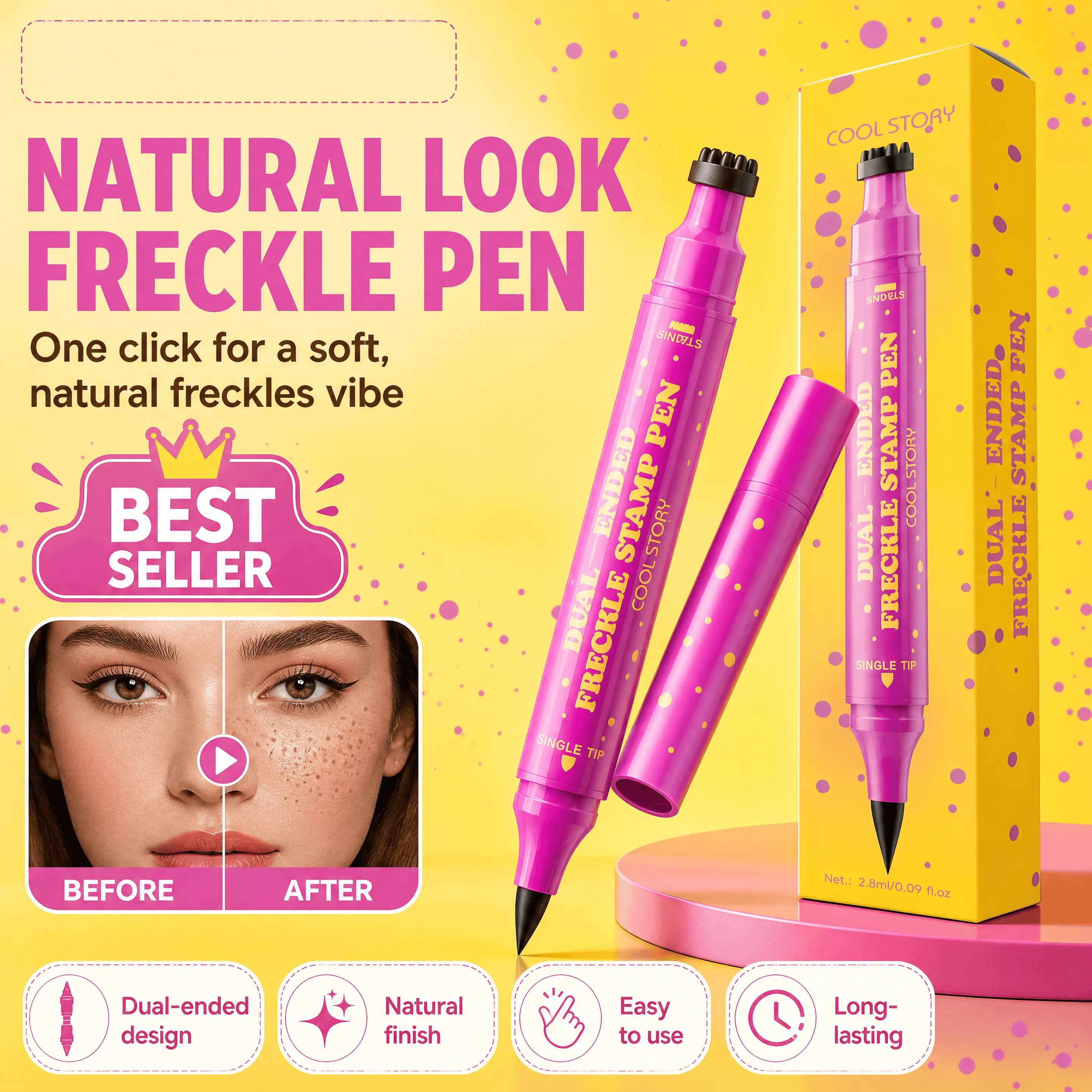 Dual-Ended Freckle Stamp Pen, 2-in-1 Stamp & Fine Tip, Waterproof, Smudge-Proof, Natural Sun-Kissed Faux Freckles, Beginner-Friendly Beauty Makeup Tool long-lasting