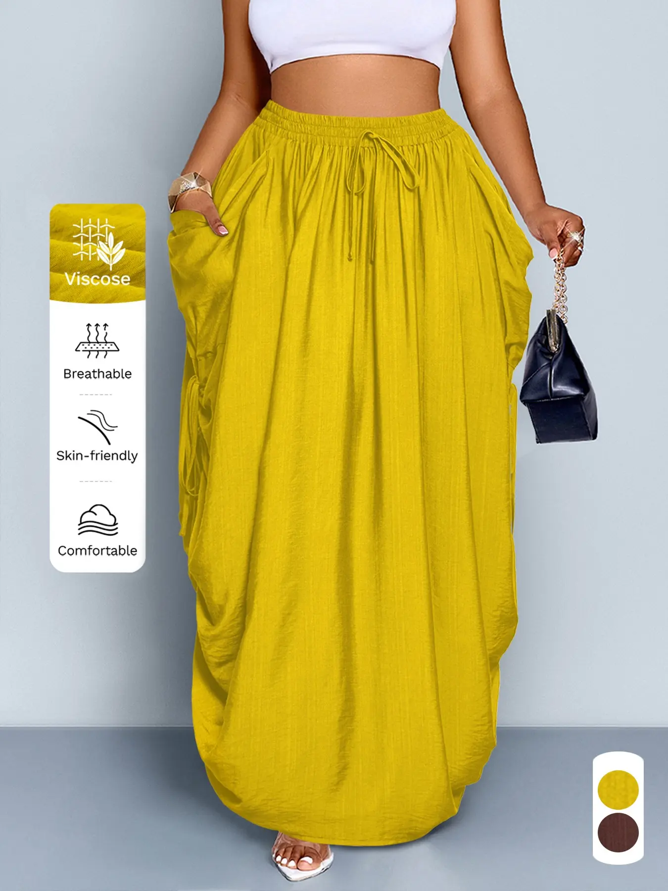 Plus Size Women's Summer Casual Long Skirt, Fitted Solid Color with Waist Pockets and Drawstring, Daily Commute Style Bottom, All-Season Fashion