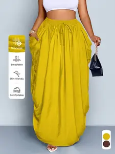 Plus Size Women's Summer Casual Long Skirt, Fitted Solid Color with Waist Pockets and Drawstring, Daily Commute Style, All-Season Fashion