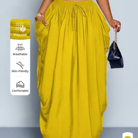 Plus Size Women's Summer Casual Breathable Fabric Maxi Long Skirt, Fitted Solid Color with Waist Pockets and Adjustable Drawstring, Daily Commute Style Bottom, All-Season Fashion