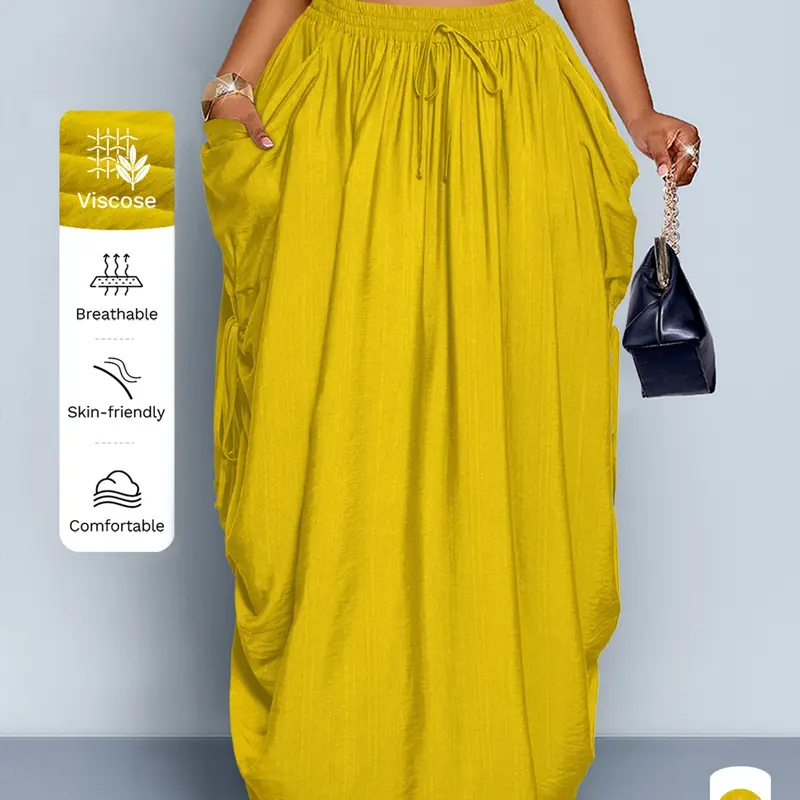 Plus Size Women's Summer Casual Breathable Fabric Maxi Long Skirt, Fitted Solid Color with Waist Pockets and Adjustable Drawstring, Daily Commute Style Bottom, All-Season Fashion