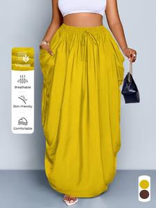 Plus Size Women's Summer Casual Long Skirt, Fitted Solid Color with Waist Pockets and Drawstring, Daily Commute Style, All-Season Fashion