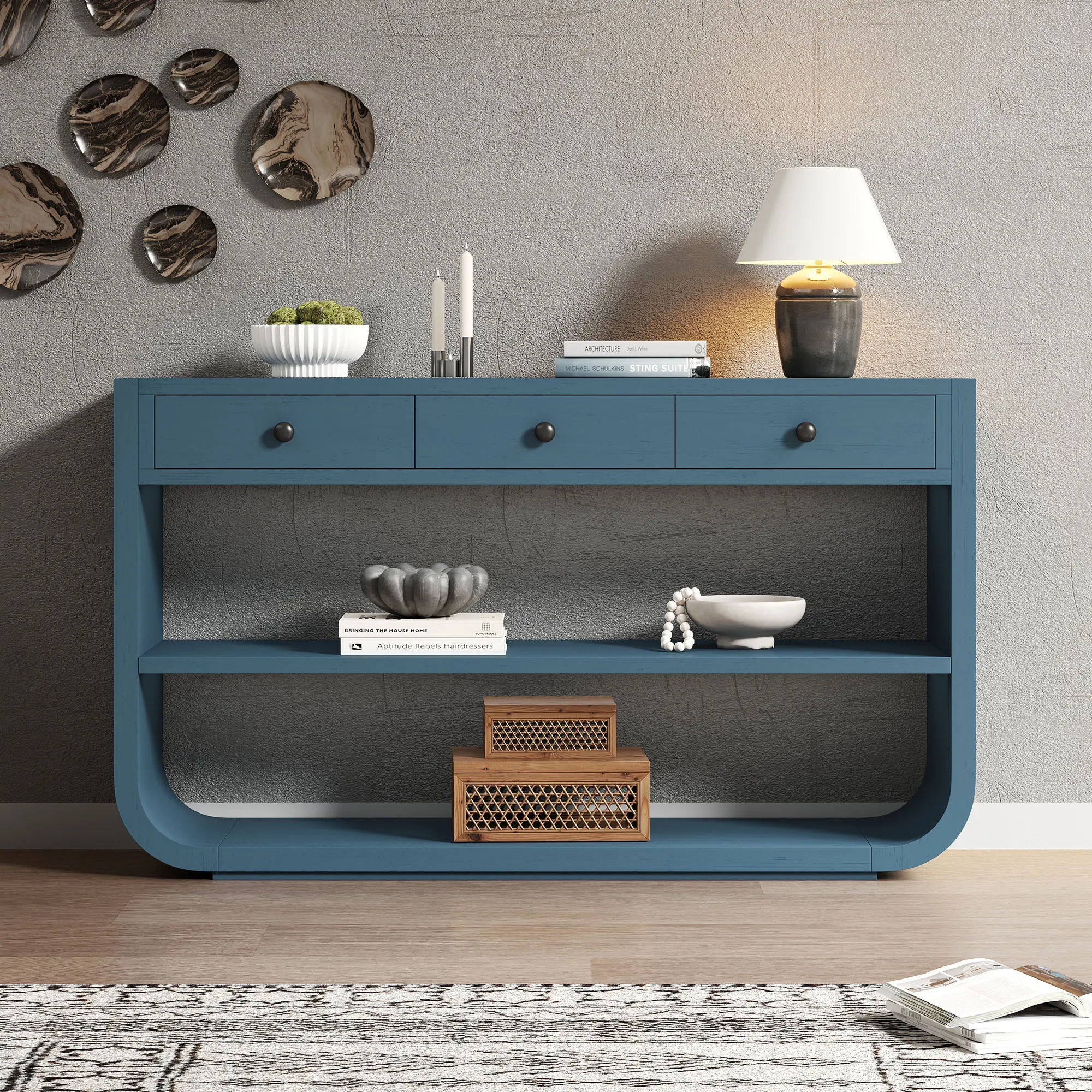 55" Curved Entryway Console Table with 3 Storage Drawers and Shelf, Behind Couch Sofa Table with Open Shelf for Hallway, Entrance, Entry Way, Living Room, Foyer(Blue)