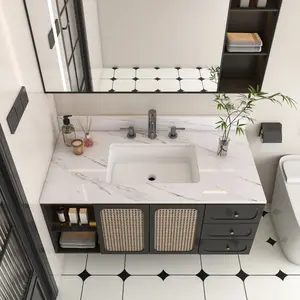 43 Inch Marble Vanity Top, White Vanity Top with 3 Pre-drilled Faucet Holes, Bathroom Vanity Top with Undermount Rectangular Middle Sink and 4" Height Backsplash,  Bianco Carrara Venato    RR