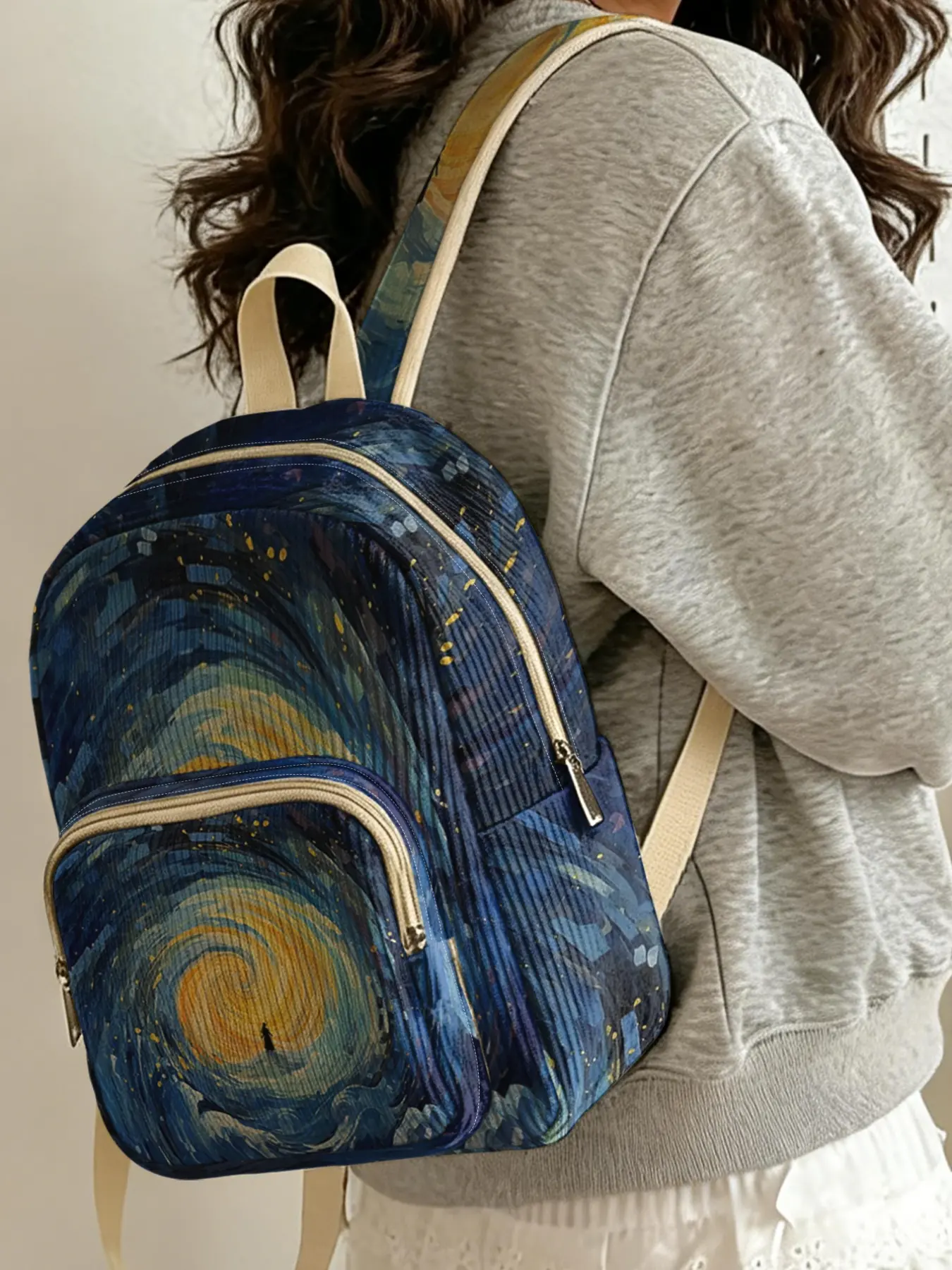 1 piece of starry vortex pattern 2D printed ladies' backpack, velvet texture + layered storage + light weight reduction | perfect for students going to class/shopping/short trips | combining atmosphere and practicality