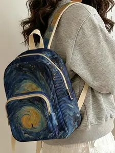 1 piece of starry vortex pattern 2D printed ladies' backpack, velvet texture + layered storage + light weight reduction | perfect for students going to class/shopping/short trips | combining atmosphere and practicality