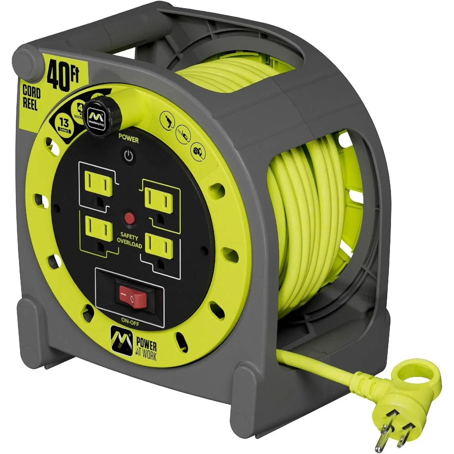 40ft Case Cord Reel, Retractable Extension Lead with Winding Handle, Safety Overload Circuit Breaker and Power , 4X Grounded Outlets, 13amps, 14AWG