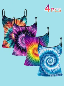 4-Piece Rainbow Tie-Dye Thin Strap Vest, Gradient Starry Sky Print Tank Top, Women's Summer Street Style Sleeveless T-Shirt