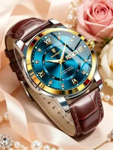 Luxury Men's Watch, Roman Numerals, Diamond Inlay, 30m Waterproof, Waterproof Wrist Watch, Blue Dial, Classic Round Dial, Date Display, Night Glow Hands, Leather Strap