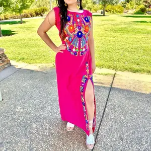 Kari Dress ~ Crocheted Sleeve Dress- Mexican Floral Embroidered Long Dress with Slit - Women's Casual Dress, Cotton, Suitable for Everyday Wear, Vacations & Special Occasions - Womenswear, Sleeves, Traditional Embroidery