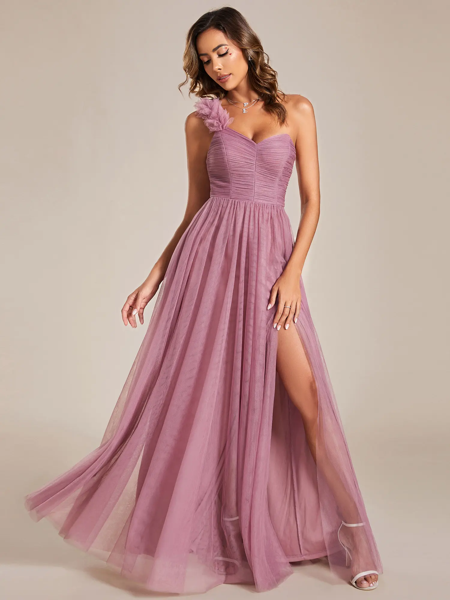 EVER PRETTY Women's Cute Formal Wear Sleeveless Sweetheart Neck 1-Shoulder Floral Tulle Spaghetti Strap Zipper High-Slit Floor-Length Maxi Bridesmaid Dress with Quality Fabric 01911, Fit, Lightweight, Elegance, Maxi Dress