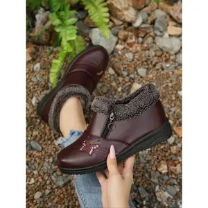 Women’s winter boots with butterfly embroidery and fleece lining, vintage plush collar fashion single shoes, casual comfortable anti-cold footwear, winter booties