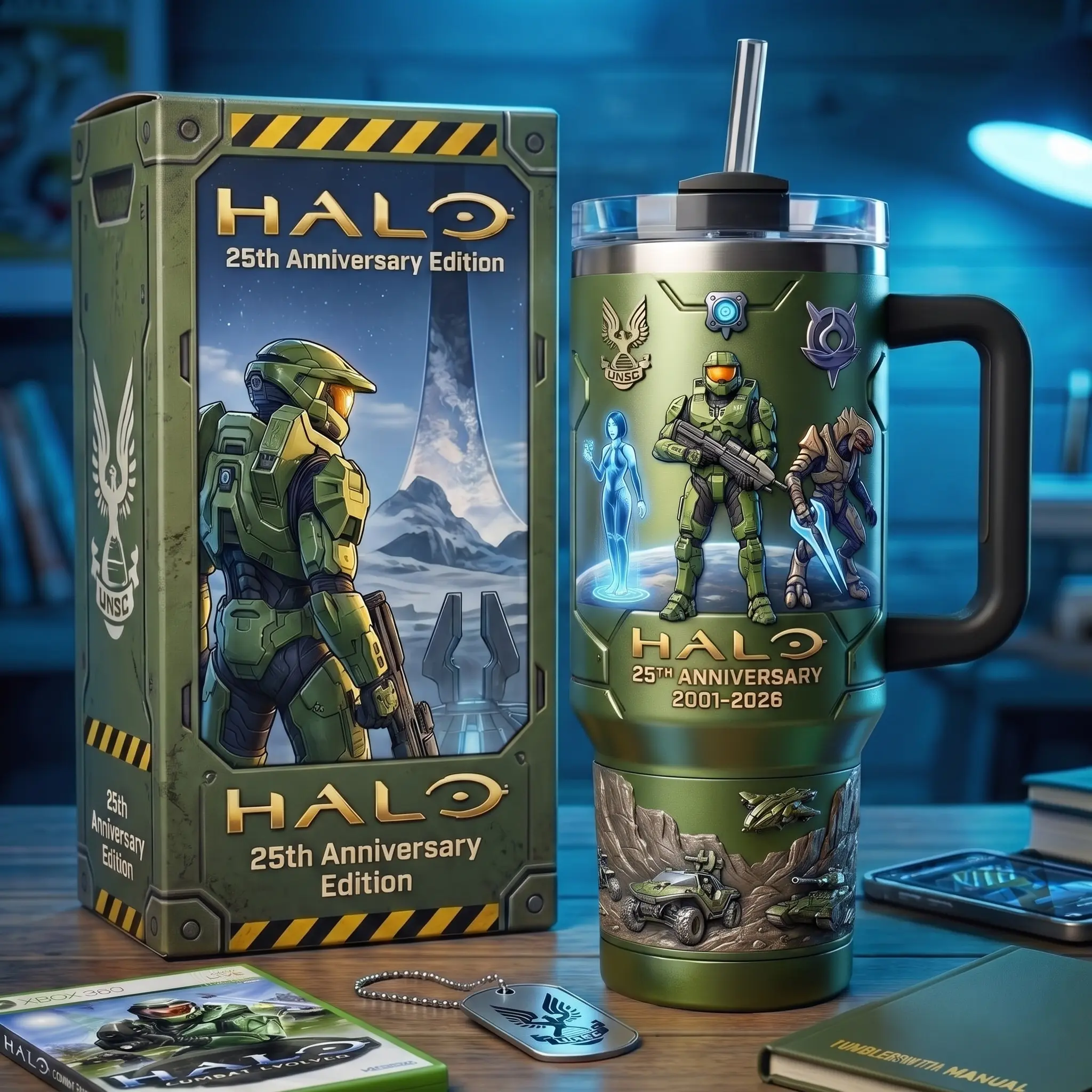 40oz Halo 25th Anniversary Insulated Stainless Steel Tumbler - Single Unit, Tumbler Shape, Insulation, Handle with Lid, Straw, UNSC Cortana Arbiter Game Timeline Print, Reusable Coffee Drinkware Gift for Gamers