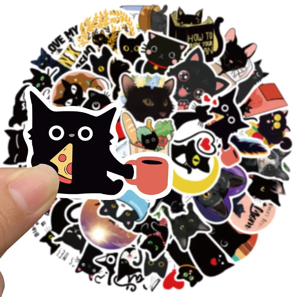 50PCS High-Quality Funny Black Cat Vinyl Stickers - Kitty Meme, Waterproof, Compact, Flat, Matte Finish, Soft Look Decorative Decals for Devices, Art Gifts for Cat Lovers, Re-Adhesive For Easy Swaps