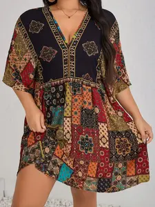 Plus Size Women Bohemian Full Print Floral Striped Vacation Dress, Casual Summer Long Sleeve A-Line Maxi Dress, Comfortable & Stylish