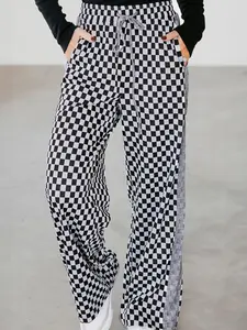 Checkerboard Drawstring Waist Casual Pants, The Drawstring Waist Provides Adjustable Comfort and A Relaxed Fit.