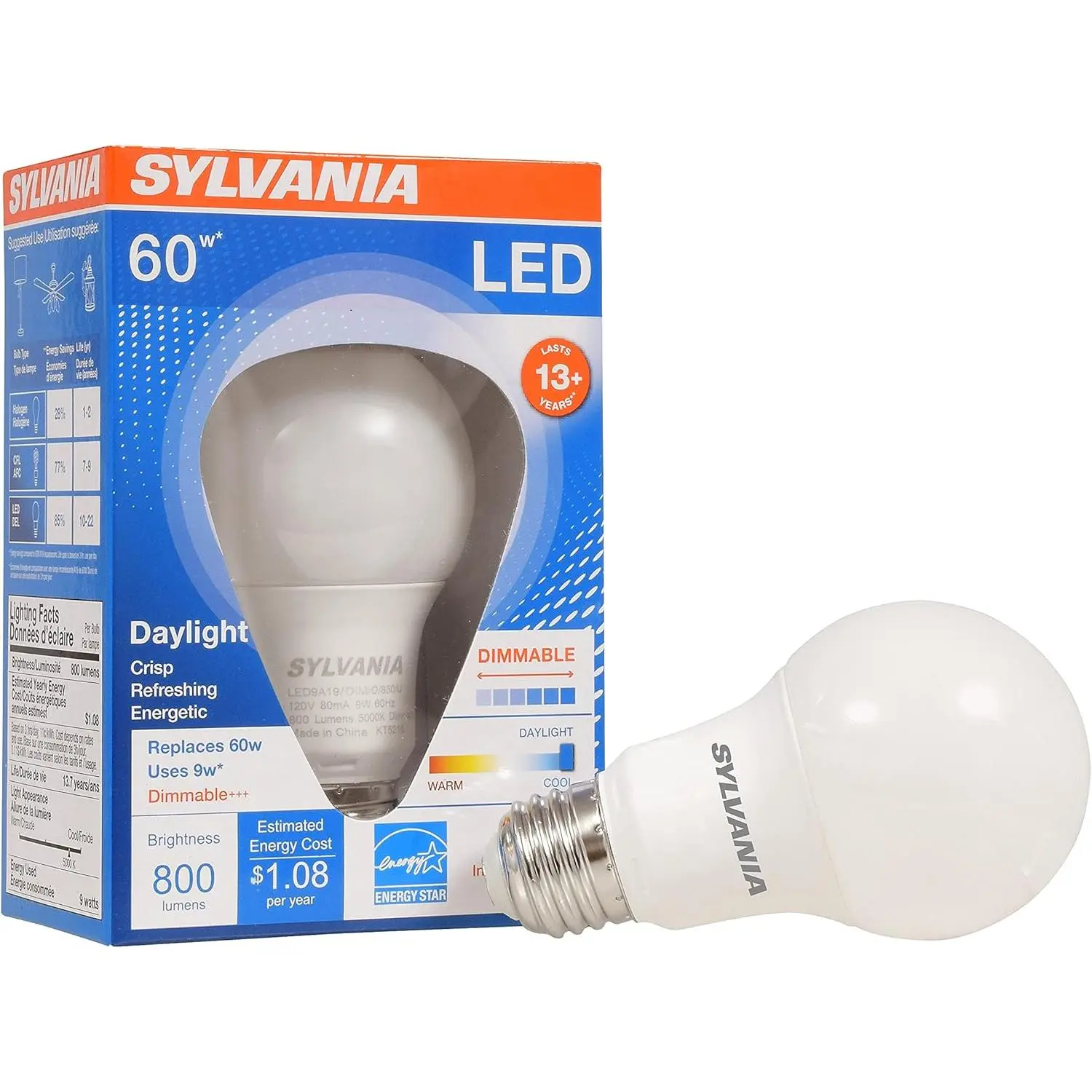 Sylvania A19 LED Light Bulb, 9W, 60W Equivalent, 13 Year, Dimmable, 800 Lumens, 5000K, Daylight - 1 Pack (78066)